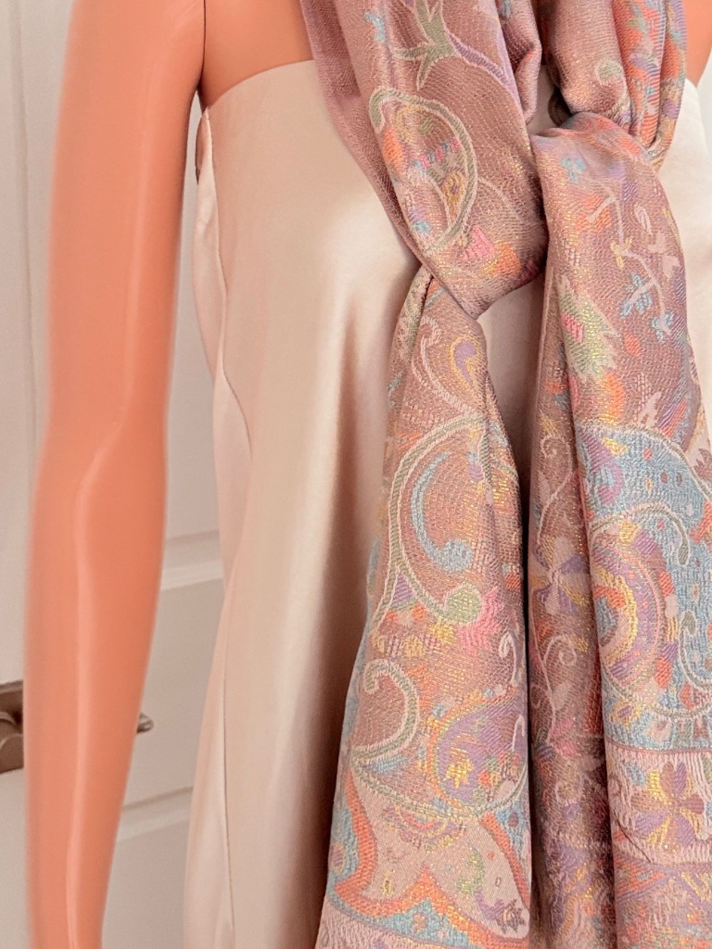 Pastel Paisley Scarf with Metallic Gold Thread, Shimmering Woven Pashmina Shawl,